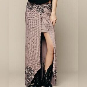 Free People Gray Print Slubby Column Hi-Low Wrap Skirt